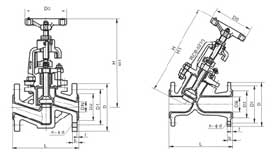J41F46型襯氟手動法蘭截止閥PN10~PN25外形尺寸圖
